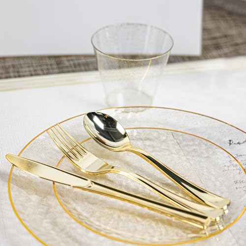 HOMIP 350 PCS Plastic Dinnerware Set (50 Guests), Clear Party Plates Include 50 Dinner Plate, 50 Dessert Plate, 50 Cups, 50 Gold Cutlery Set And Pefect for Party and Wedding - size: 350PCS