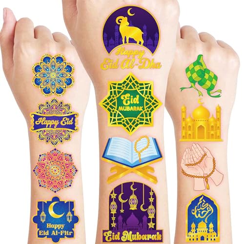 120 PCS Pre-Cut Happy Eid Mubarak Temporary Tattoos for Kids Party Favors | Super Cute Ramadan Al Fitr Themed Birthday Supplies, Decorations, Fake Tattoo Stickers, School Rewards & Gifts Boys & Girls