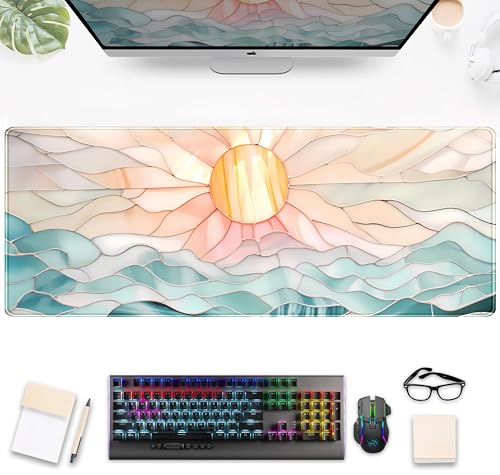 Modern Art Desk Mat Gaming Mouse Pad Stained Glass Computer Desk Pad, Large Laptop Keyboard Mat XL, Full Desktop Mat Glorious Computer Mouse Mat, Aesthetic Desk Decor Aesthetic 31.5" x 11.8" - color: Painted Sun and Ocean