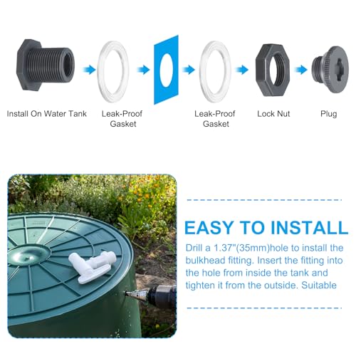 PATIKIL PVC Bulkhead Fitting with Plug NPT 3/4", 2 Pack Bulkhead Water Tank Connector with Silicone Seal Gasket Garden Hose Fitting with Plug for Rain Bucket, Sinks, Aquariums, Gray