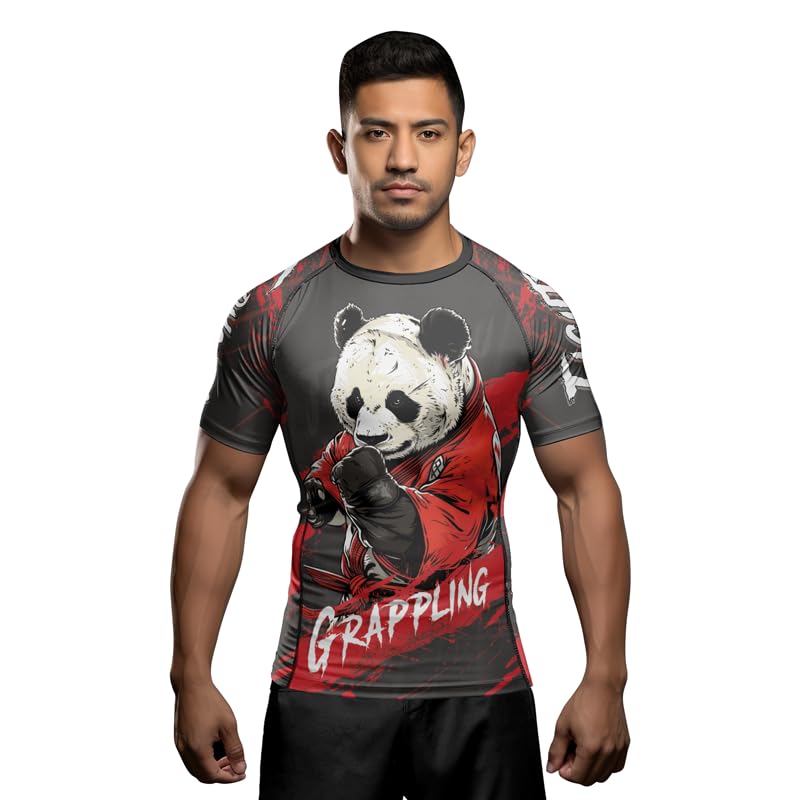 Panda Fighter Men's Short Sleeve Compression Rash Guard MMA Jiu Jitsu BJJ Grappling Base Layer Combat Shirt - color: V2, size: X-Small
