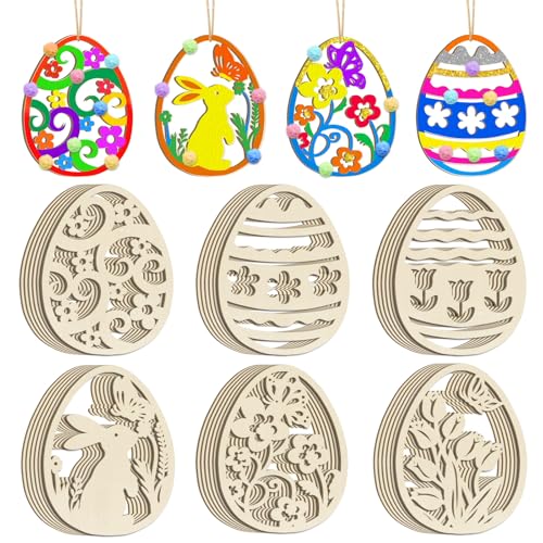 36PCS Wooden Easter Ornaments to Paint, 6 Styles DIY Blank Unfinished Wood Egg Cutouts Ornament for Crafts Hanging Decorations Happy Easter Hallow Egg Rabbit Bunny Butterfly Flower Hen - color: Egg
