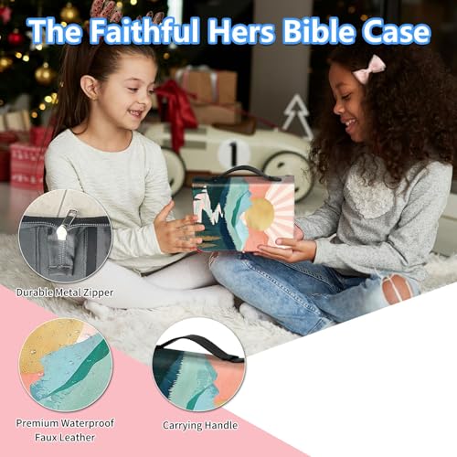 Bible Cover Case for Women, PU Leather Large Bible Cases with Zipper Fits Books Up to 12" x 9" x 2.76”, Bible Carrying Bag for Men, Pink Boho Mountain - color: Pink Boho Mountain