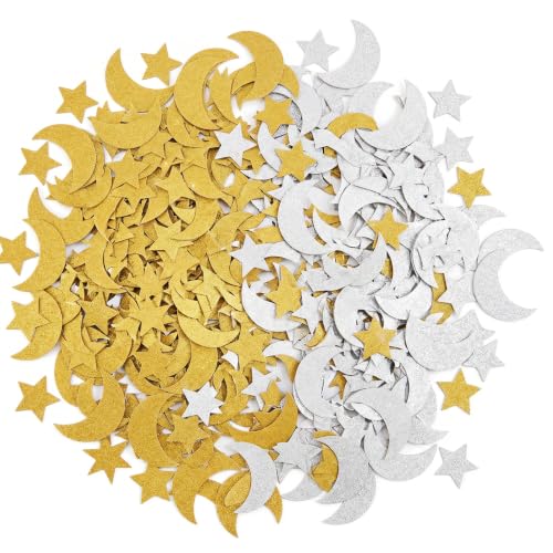 100PCS Glitter Foam Moon and Stars Shapes Foam Embellishments, Gold Silver Glitter Stars Confetti for Crafts Wedding, Birthday, Baby Shower, Eid Party, Ramadan Mubarak Decoration