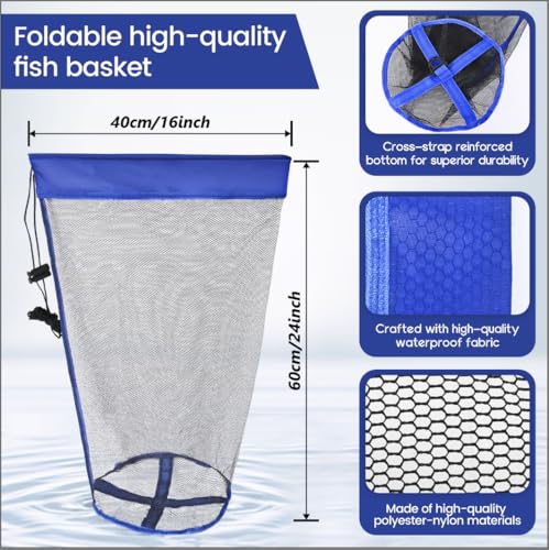Extra Large Foldable Floating Fish Basket Live Fish Basket for Kayak Fishing Multi-Purpose Fishing Basket with Rubber Coated & Nylon Netting 2 - size: 16*20 inch, 16*24 inch