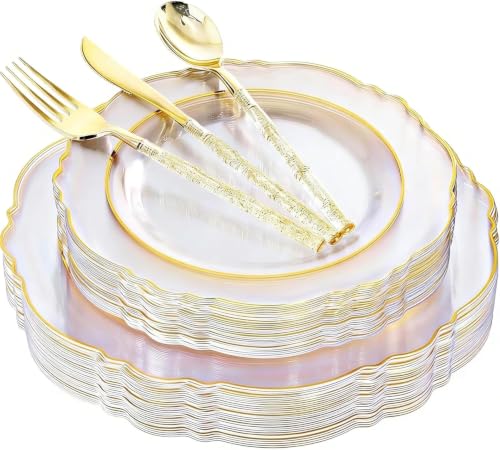 Liacere 150PCS Clear Gold Plastic Plates - Disposable Plastic Silverware with Glitter Bamboo Handle Cutlery-Baroque Clear Gold Disposable Plates for Wedding & Party & Mother's Day - color: Gold, size: Baroque Style