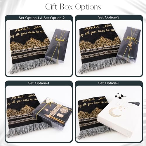 IEF Personalized Prayer Rug Prayer Beads Quran Islamic Gift Set, Ramadan Eid Hajj Umrah Wedding Birthday Mother's Day Father's Day Valentine's Day Gifts (Black) - color: Black
