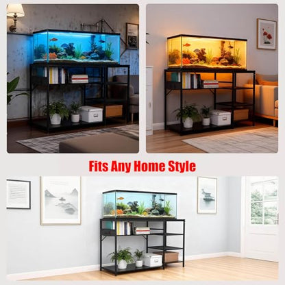 FAHKNS 55 75 Gallon Aquarium Stand with Electrical Outlet and USB Port | Heavy Duty 1200lbs Capacity, Black Steel Frame Fish Tank Stand, for Large 49 Inch Aquariums