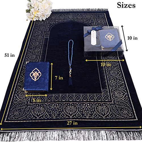 IEF Personalized Prayer Rug Quran Prayer Beads Islamic Gift Set, Ramadan Eid Wedding Birthday Mother's Day Father's Day Anniversary Day Gifts - color: Navy Blue