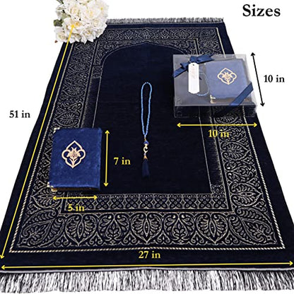 IEF Personalized Prayer Rug Quran Prayer Beads Islamic Gift Set, Ramadan Eid Wedding Birthday Mother's Day Father's Day Anniversary Day Gifts - color: Navy Blue