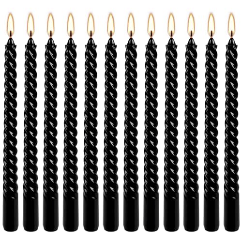WPONSZU 10 Inch Black Spiral Taper Candle Set, 12 Pack Unscented Dripless Candlesticks for Halloween,Dinner,Party Brithday Wedding and Home Decoration - color: 12black