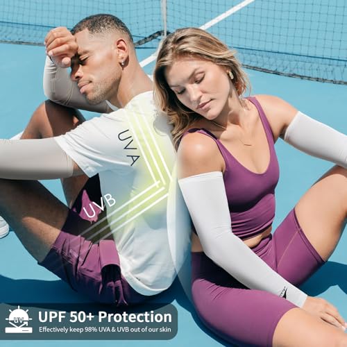 Achiou Cooling Ice Silk Arm Sleeves, Summer UV Sun Protection Compression Sleeves UPF 50+ for Women Volleyball Youth Sports - color: 2 Pairs: 1pair White,1 Pair Light Beige