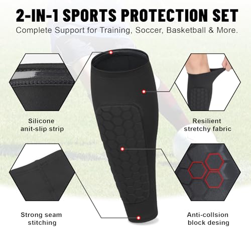 4 Pack Shin Guards Kids and Elastic Ankle Straps, Calf Compression Sleeve with Honeycomb Pads, Shin Guards Soccer, for Sprains, Achilles Pain, Sports Running