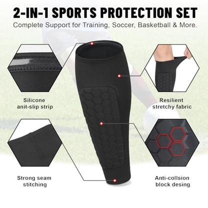 4 Pack Shin Guards Kids and Elastic Ankle Straps, Calf Compression Sleeve with Honeycomb Pads, Shin Guards Soccer, for Sprains, Achilles Pain, Sports Running