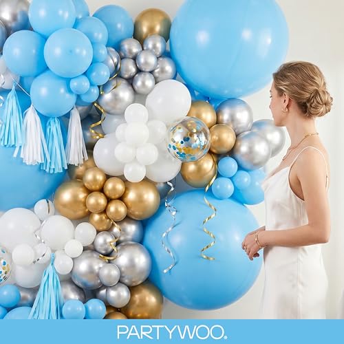PartyWoo 라이트 블루 풍선 152피스 다양한 사이즈 팩 45.7cm(18인치), 30.5cm(12인치), 25.4cm(10인치), 12.7cm(5인치) 베이비 파스텔 블루 풍선 아치 키트, 베이비 샤워, 성별 공개 졸업 인어 생일 수영장 파티 장식 블루-Y20 - color: 블루-y20