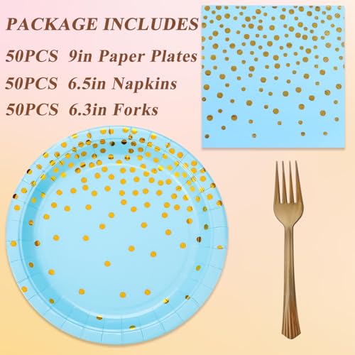 150 PCS Blue and Gold Paper Plates Napkins Forks Party Supplies Serves 50, Golden Dot Disposable Paper Dinnerware 9" Plates for Birthday, Baby Shower, Boy Birthday - color: Blue Gold (Serves 50)