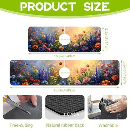 Kitchen Sink Splash Guard Faucet Mat Super Absorbent Fast Drying Mat Guard Behind Faucet Drip Catcher for Kitchen Bathroom (Flowers Bees in the Garden, 23.5"X5.5")