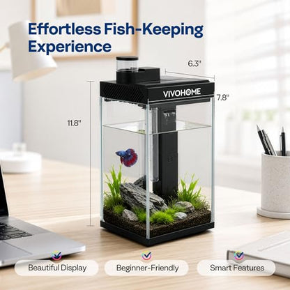 VIVOHOME 2 Gallon Smart Fish Tank with APP Control, Aquarium Starter Kit with Auto Feeder, Filter, Temperature Display, RGB LED Light, Desktop Mini Fish Tank for Betta, Shrimp