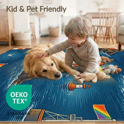 6'x9' Washable Retro Bird Area Rug, Navy Blue Non-Shedding Pet Friendly Room Rug for Queen Size Bedroom, Under Bed, Master Suite, Foldable Easy Care Carpet | Ref:1908949 - color: Blue/Pattern 42, size: 6' x 9' (Rectangular)