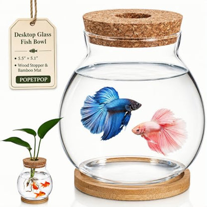 POPETPOP Desktop Glass Fish Bowl - Round Small Fish Tank | with Wood Stopper & Bamboo Mat, Clear Glass Betta Fish Bowl for Succulent Plants, Hydroponic Air Plant (5.5X5.1 Inch)