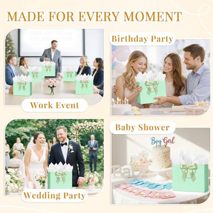 ANZNKU 2PCS Green Gift Bags with Handles, Cute Medium Gift Bags with 4 Tissue Paper 2 Ribbons 2 Cards for Wedding Bridal & Baby Shower Graduation Birthday Engagement Party Favors Present Wrapping - color: Mint Green