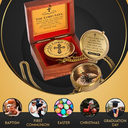 Engraved Brass Pocket Compass Gift - Psalm 32:8, First Communion Gifts, Baptism Gifts for Boys, Confirmation Gifts, Gifts for Men, Catholic Religious Christian Easter Gifts for Kids