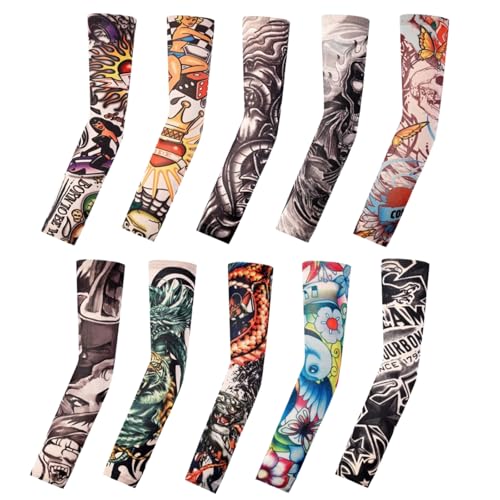 Tattoo Sleeves for Men Women Sun Protection UV Compression Arm Sleeves Breathable Skin Cover for Outdoor Sports - color: 016-10pc