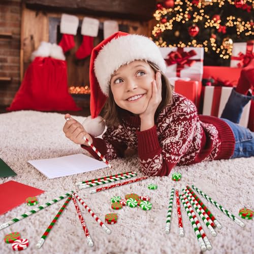 Cinrobiye 100 PCS Christmas Pencils Bulk,Christmas Candy Cane Writing Pencils with Eraser Xmas Stationery Pencil for Holiday School Party Favors Stocking Stuffers Classrooms Student Rewards - style: Pencils