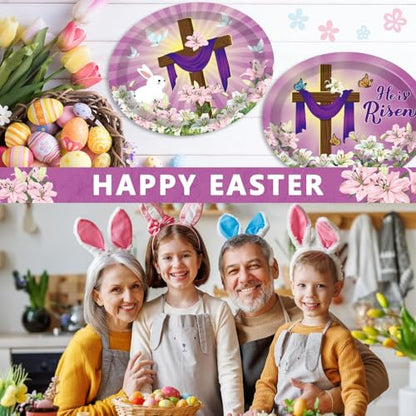 Qyeahkj He is Risen 타원형 종이 접시 대형 27.9cm(11인치) 일회용 예수 십자가 부활절 파티 장식 봄 백합 꽃 용품 종교 그리스도 파티 식기 세트 50개 - style: He is Risen