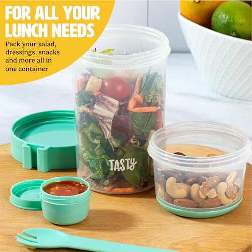 Tasty Salad Shakers with Sporks, Bring Salads and Snacks to Go, All-In-One Container, Convenient Carry Handle, Separate Compartments, 2-Pack Set, Aqua