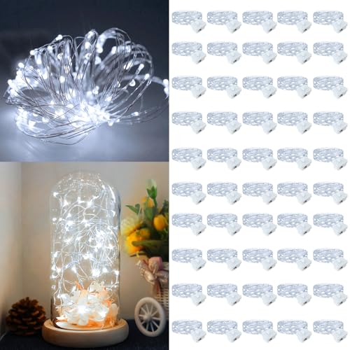 50 Pack Fairy Lights Battery Operated, 7ft 20 LED 3 Modes Speed Twinkle Mini String Lights Waterproof Silver Wire Firefly Starry Lights for Mason Jars Wedding Party Christmas Decorations - color: White, size: 50 Pack