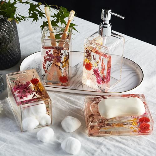 4 Piece Acrylic Liquid 4D Floating Motion Bathroom Vanity Accessory Set Garden Botanic Pink Plants Toothbrush Holder, Tumbler, Soap Dispenser, Soap Dish - size: 4-piece, style: Pink Plant
