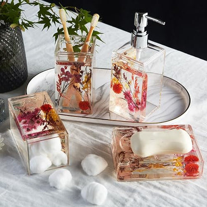 4 Piece Acrylic Liquid 4D Floating Motion Bathroom Vanity Accessory Set Garden Botanic Pink Plants Toothbrush Holder, Tumbler, Soap Dispenser, Soap Dish - size: 4-piece, style: Pink Plant