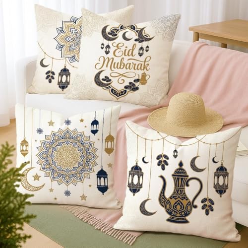 Lantern Throw Pillow Covers Set of 4, Islamic Festive Crescent Star Eid Gold with Hidden Zipper Cushion Covers Pillow for Home Bedroom Living Room Sofa Couch Decor 22x22 Inch - size: 22" x 22" (Pack of 4)