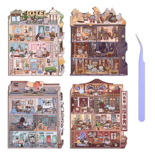 Girls 3D Miniature Scene Stickers, 4 Sets Magic Apprentice DIY House Stickers for Archaeological,Detective,Laboratory,Hotel,Cute 3D Cartoon Scene Stickers for Adult Kids Relief Stress Pass The Time - style: Magic Apprentice
