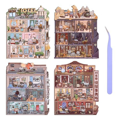 Girls 3D Miniature Scene Stickers, 4 Sets Magic Apprentice DIY House Stickers for Archaeological,Detective,Laboratory,Hotel,Cute 3D Cartoon Scene Stickers for Adult Kids Relief Stress Pass The Time - style: Magic Apprentice