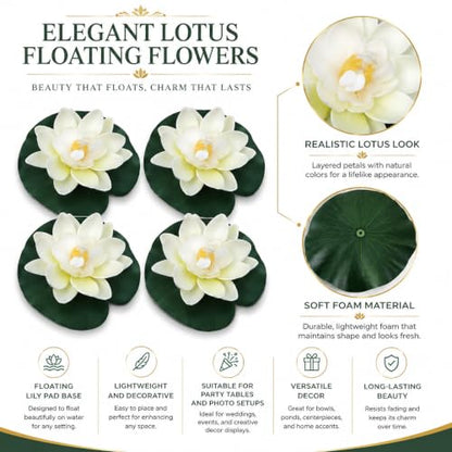 4Pcs Floating Foam Lotus Flowers with Lily Pads, Artificial Pond Plants Ornaments for Pool Aquarium Water Decoration