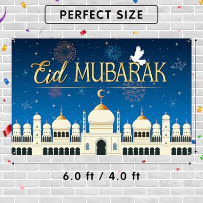 Eid Mubarak Backdrop Banner Decor - 6x4 ft Happy Eid Ramadan Mubarak Photography Background Poster - Islamic Festival Ramadan Holiday Party Photography Prop Booth Decorations