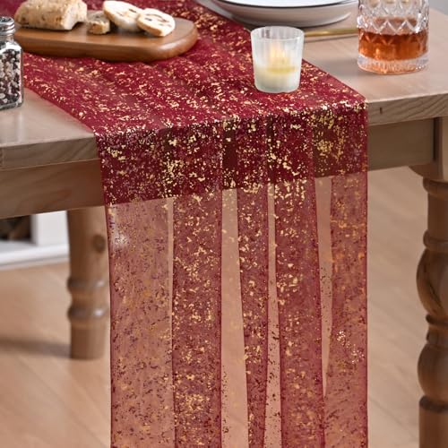 Artoid Mode Burgundy Gold Gauze Table Runner 120 Inch 10FT, Glitter Metallic Foil Sheer Dining Wedding Anniversary Holiday Birthday Table Decor for Home Party - color: Burgundy, size: 28" x 120"