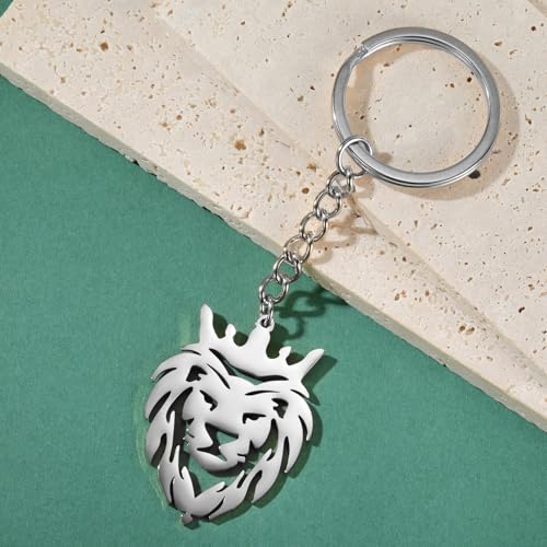 Dreamtimes Lion With King Crown Keychain for Men Stainless Steel Lion Punk Rock Keychain Bag Car Key Pendant Keychain - color: Silver-1
