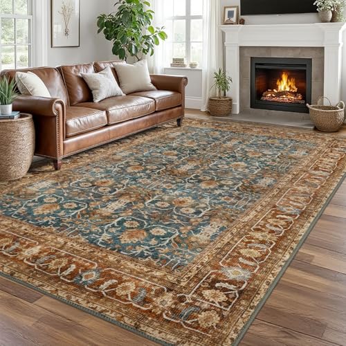 SIILOOM 8x10 Area Rugs for Living Room Ocean Rust, Machine Washable Large Area Rug Slip-Resistant, Ultra Soft Vintage Floral Tribal Farmhouse Carpet for Dining Room Bedroom Home Décor - color: Ocean/Rust, size: 8' x 10' (Rectangular)