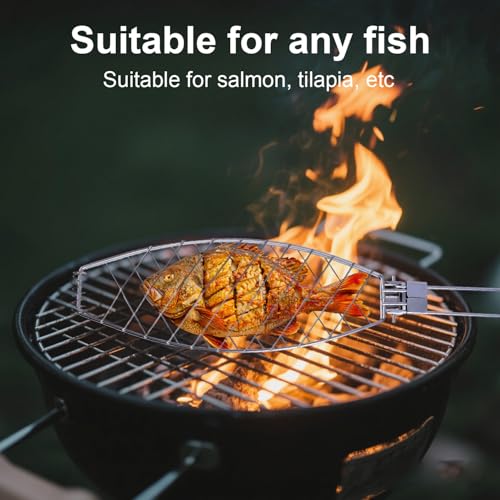Fish Grill Basket, Iron Foldable Basket with Wooden Handle Non-Stick Grilling Rack Outdoor Cooking Tools Accessories Ideal for Any Fish Barbecue