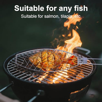 Fish Grill Basket, Iron Foldable Basket with Wooden Handle Non-Stick Grilling Rack Outdoor Cooking Tools Accessories Ideal for Any Fish Barbecue