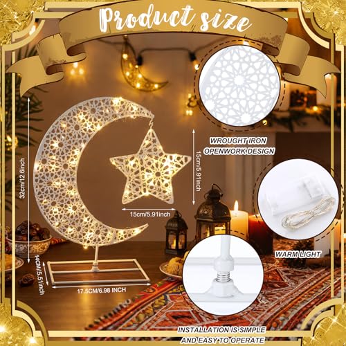 MorningRo Eid Mubarak Table Decoration Metal Ramadan Moon Star Table Decor with LED Light Metal Crescent Ramadan Kareem Desk Ornament for Home Decor Islamic Muslim Gifts - style: Elegant