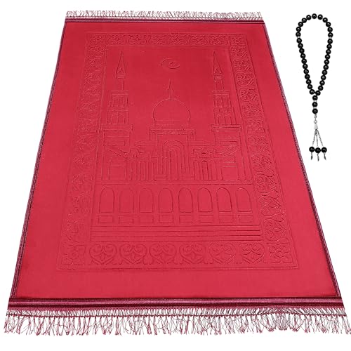 Z&Z living Space Muslim Prayer mat Extra Soft and Thick Padded Rug for Eid Travel Ramadan Islamic Gift and Great for Knees and Forehead - color: Red