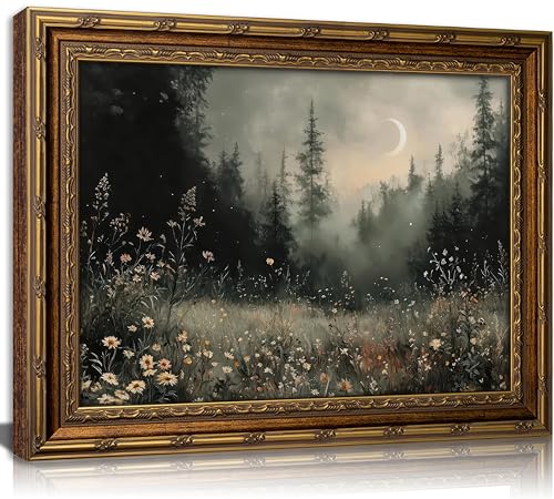 Vintage Gold Framed Moonlit Forest Wall Art Crescent Moon Forest Wildflower Gothic Canvas Print Dark Moody Moon Botanical Flowers Wall Decor Rustic Nature Night Landscape Poster Artwork for Offices - color: Dark Moon, size: 11"L x 9"W