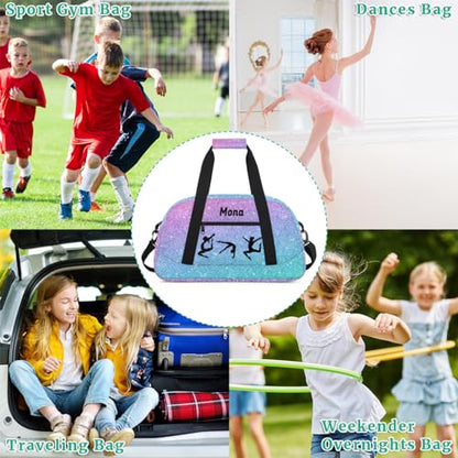 Custom Dance Bag, Gradient Purple Blue Glittering Gym Silhouette | Personalized Kids Gym Bag for Girls Customized Travel Sports Duffel Bag Name - color: Color 29