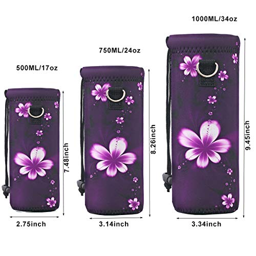 Neoprene Water Bottle Carrier Bag with Adjustable Shoulder Strap,Insulated Water Bottle Cover for Stainless Steel/Glass/Plastic Bottles - color: Purple Flowers, size: 500ml