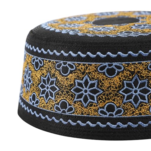 Muslim Prayer Kufi Hat Men Islam Skull Embroidery Cap Beanie Hat Arabian Omani Turkish Prayer Headwear Eid Gift - color: Blue Flower