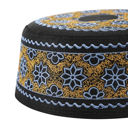 Muslim Prayer Kufi Hat Men Islam Skull Embroidery Cap Beanie Hat Arabian Omani Turkish Prayer Headwear Eid Gift - color: Blue Flower